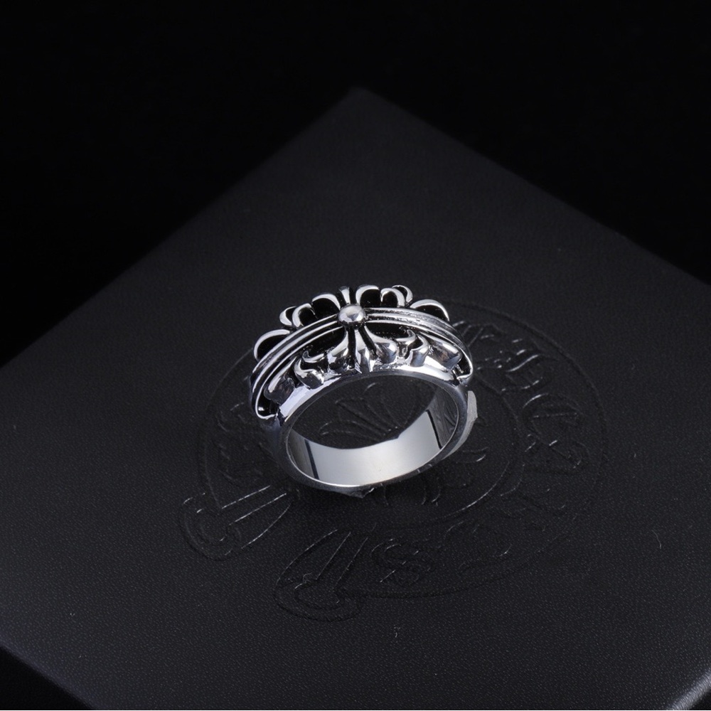 Chrome Hearts Floral Cross Band Ring Antiqued Silver Gothic Statement Ring